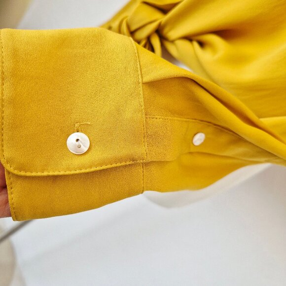 Theory Silk Blend Chiffon Tie-Front Button-Up Shirt Pocket Long Sleeve Yellow - Picture 7 of 13